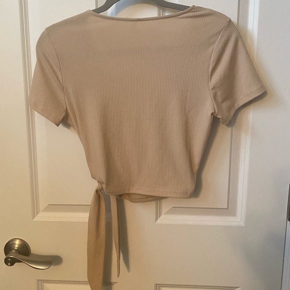 Color Thread Ribbed Beige Wrap Crop Top - Picture 2 of 6
